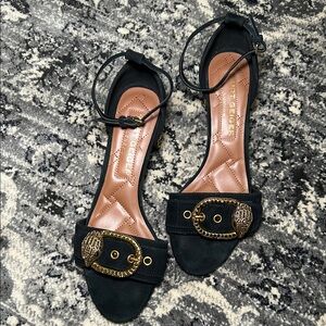 Kurt Geiger Mayfair Embellished Block Black Heels with Gold Accent